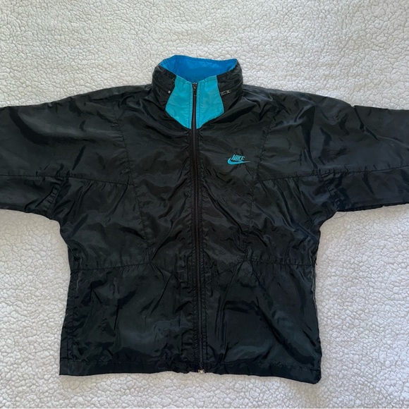 VTG NIKE 90s hooded windbreaker jacket track zipper pockets blue teal black S - Picture 12 of 12